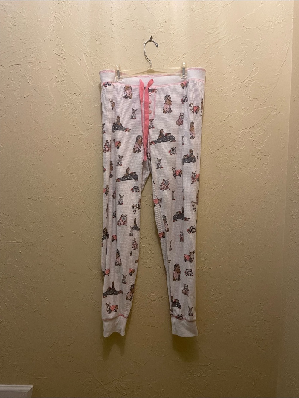 PJ Salvage White Waffle Knit Pajama Bottoms with Pink Drawstring and Puppy Print